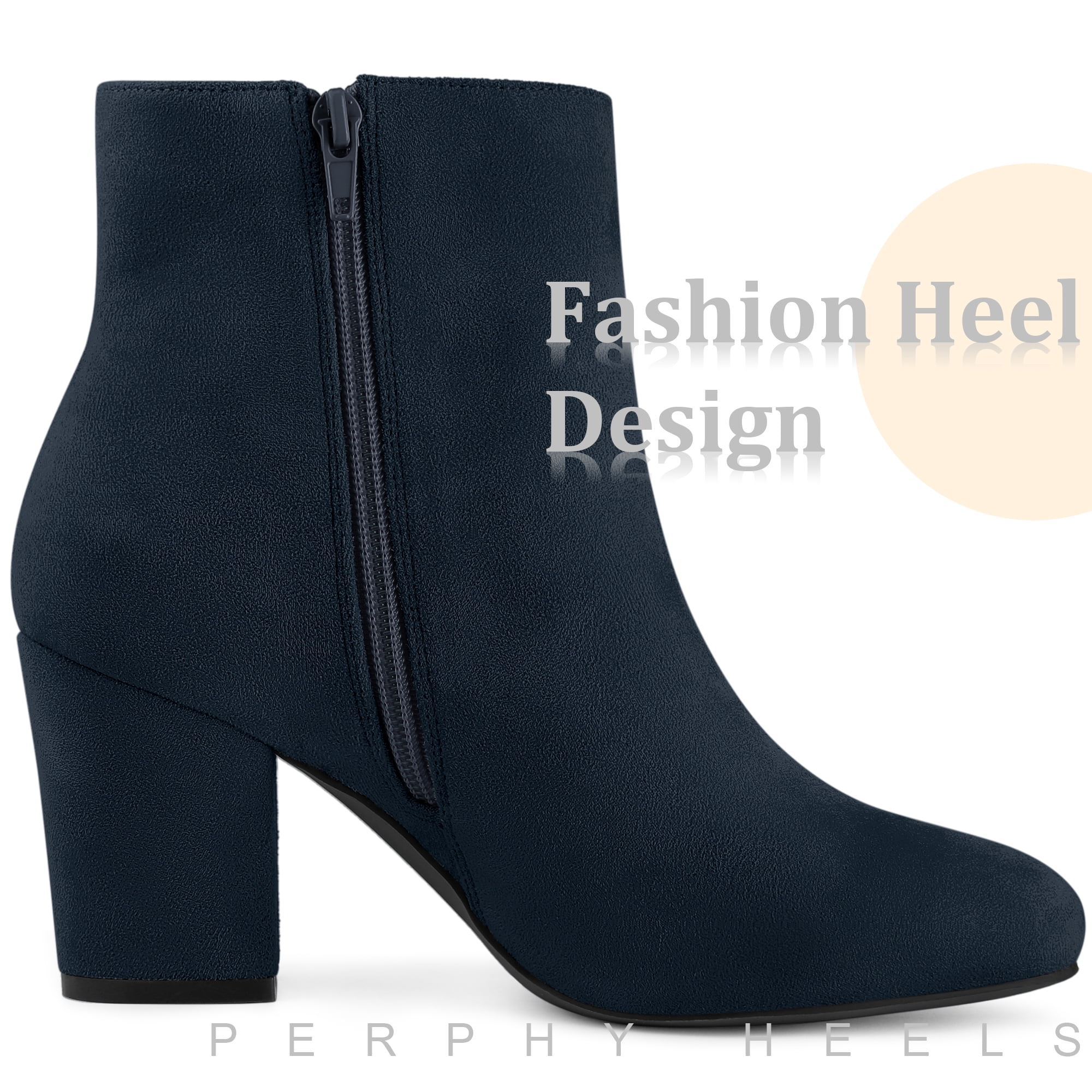 Unique Bargains Women's Round Toe Chunky Heels Ankle Boots Navy Blue 9