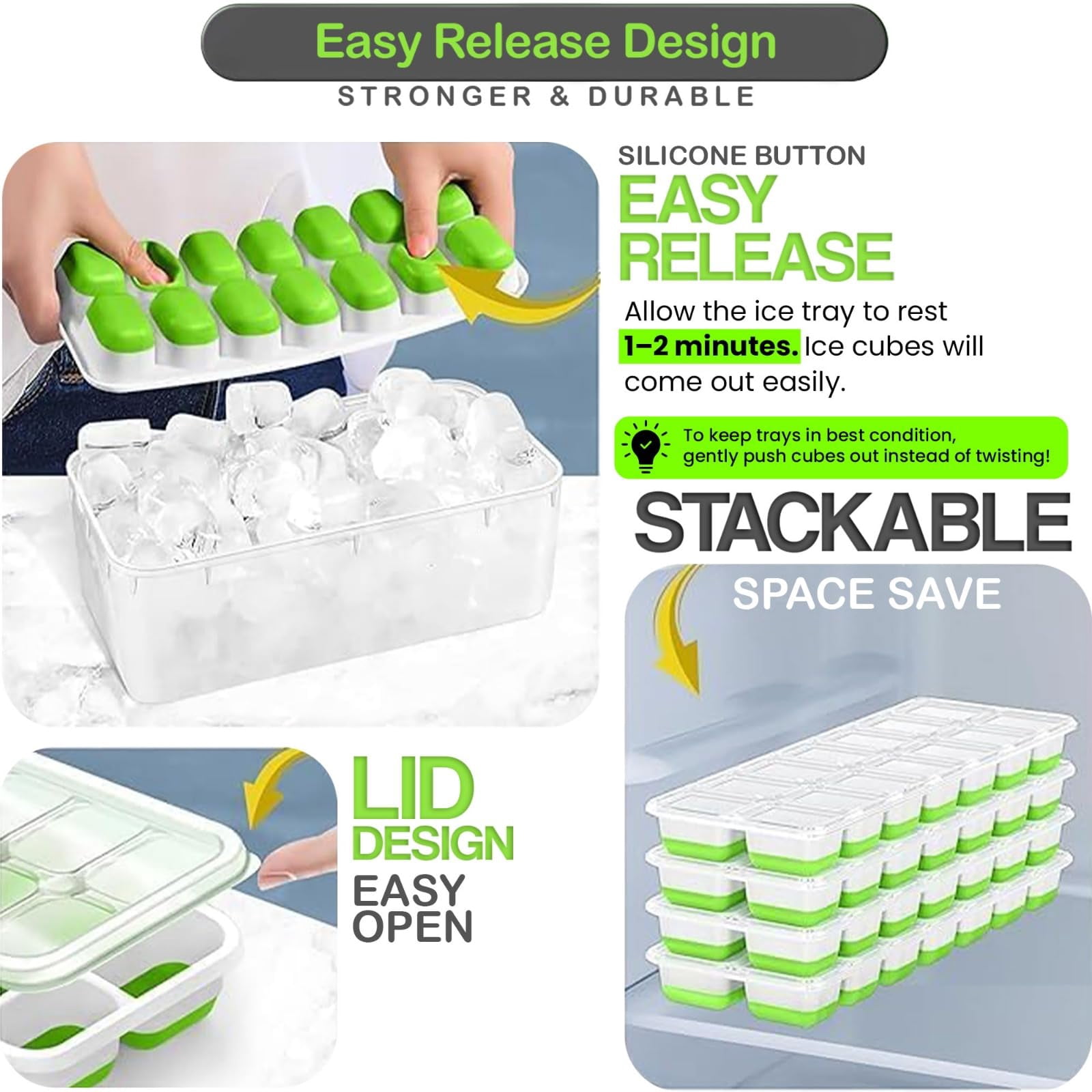 56pcs Ice Cube Tray With Lid And Bin - Stackable 4 Trays Silicone Plastic Freezer Mold  Large Bucket Scoop Tong & 2 Ss Straws Easy Release Maker For Cocktail Coffee Rv