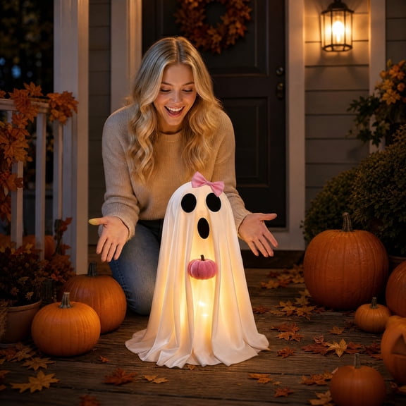 Cute Ghost Decor Light Up Halloween Decorations 19 Inch Spooky Halloween Decor Indoor Halloween Home Decor Indoor Battery Operated Halloween Lights for Party Table Display, 1 Pack