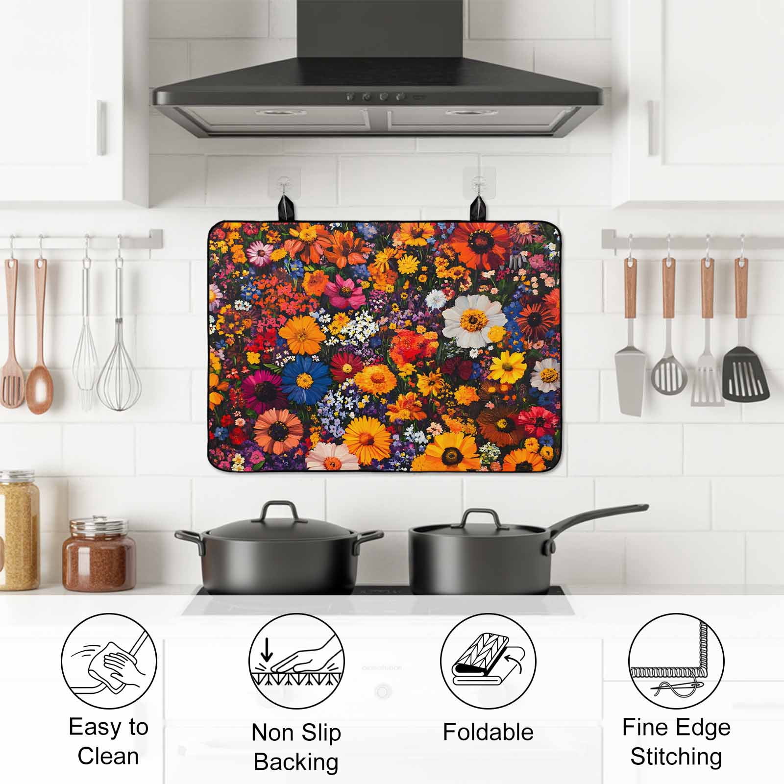 Spring Flowers Stove Top Cover for Electric Stove, Heat-proof & Non Slip Glass Top Stove Cover Protector, Daisy Yellow Blue Flower Retro Painting Kitchen Flat Cooktop Rubber Mat 24x21 Inches