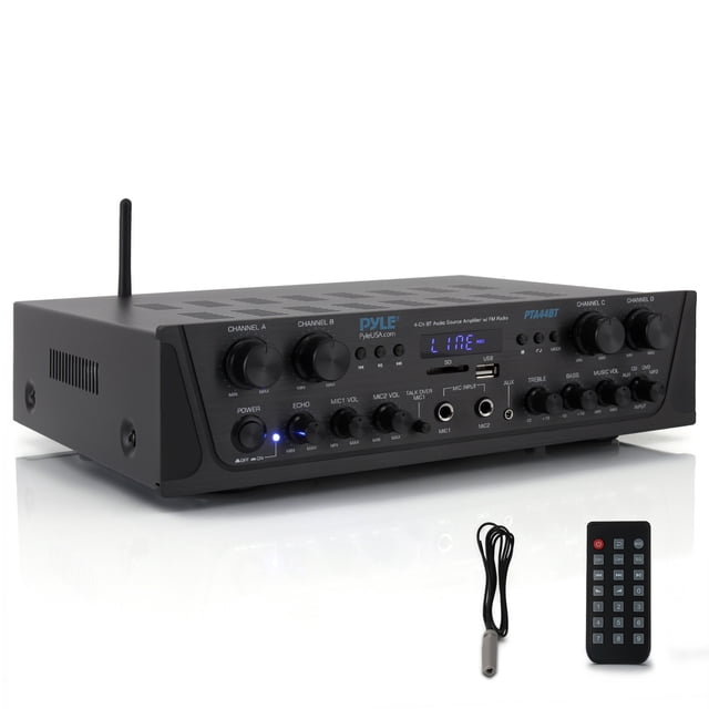 Amplificador Karaoke Bluetooth 500W Pyle, 4 Canales, Receptor de Audio para Cine en Casa con AUX, FM, RCA para Subwoofer, USB, Entrada Micrófono con Eco para Streaming de Música Inalámbrica, PTA44BT