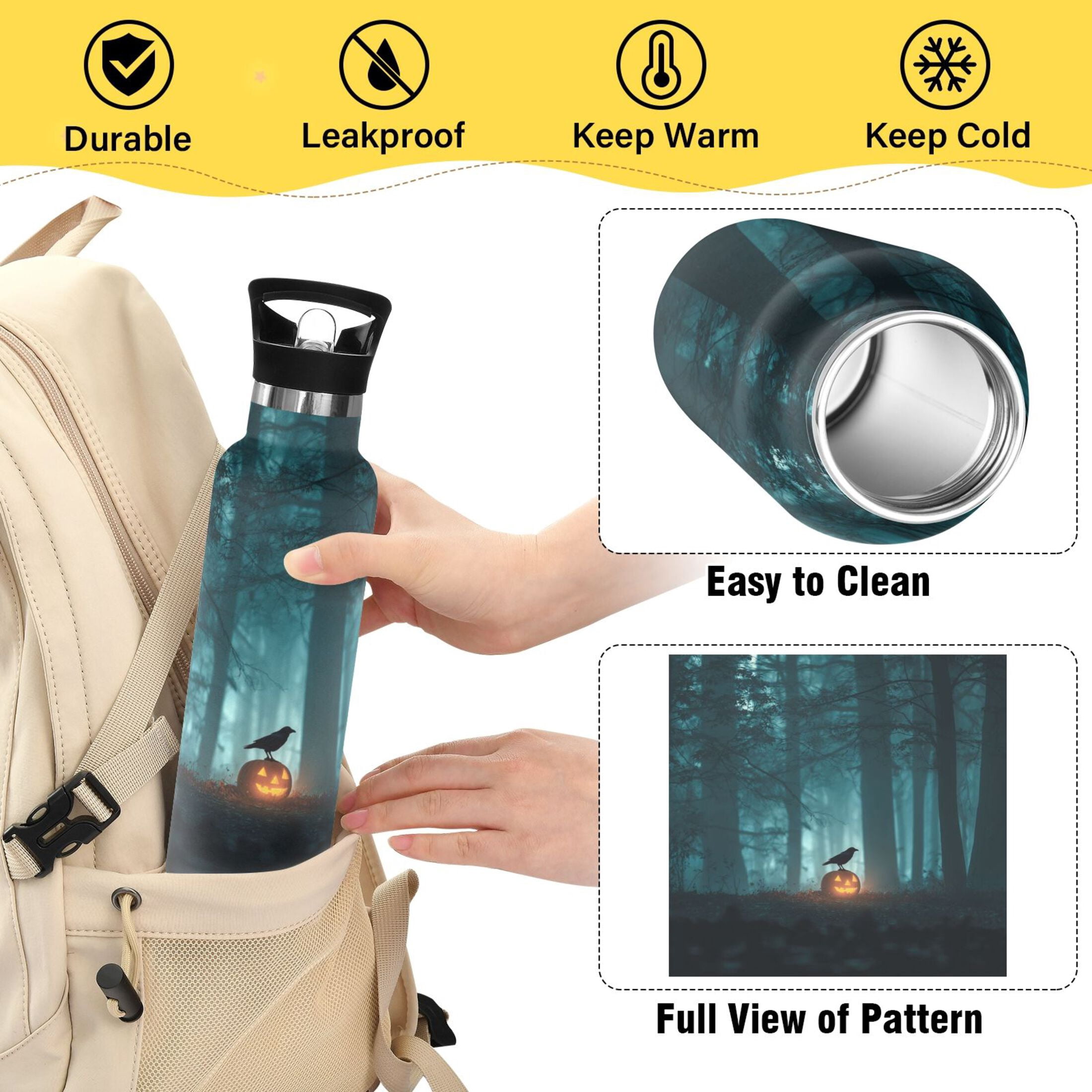 Kids Insulated Stainless Steel Sports Water Bottle 600ml (20oz) Crow Perched on Pumpkin Lantern