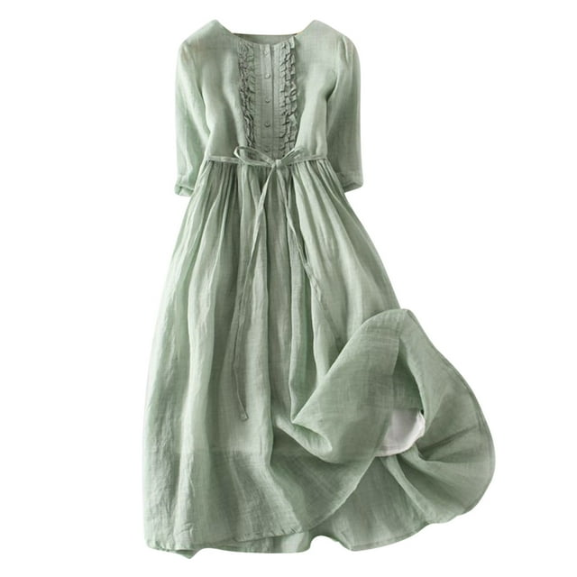 Robe d'Été en Coton et Lin pour Femmes, Couleur Unie, Manches 3/4, Robe Maxi Boutonnée, Tunique, Nœud à l'Avant, Robes Fluides à Étages