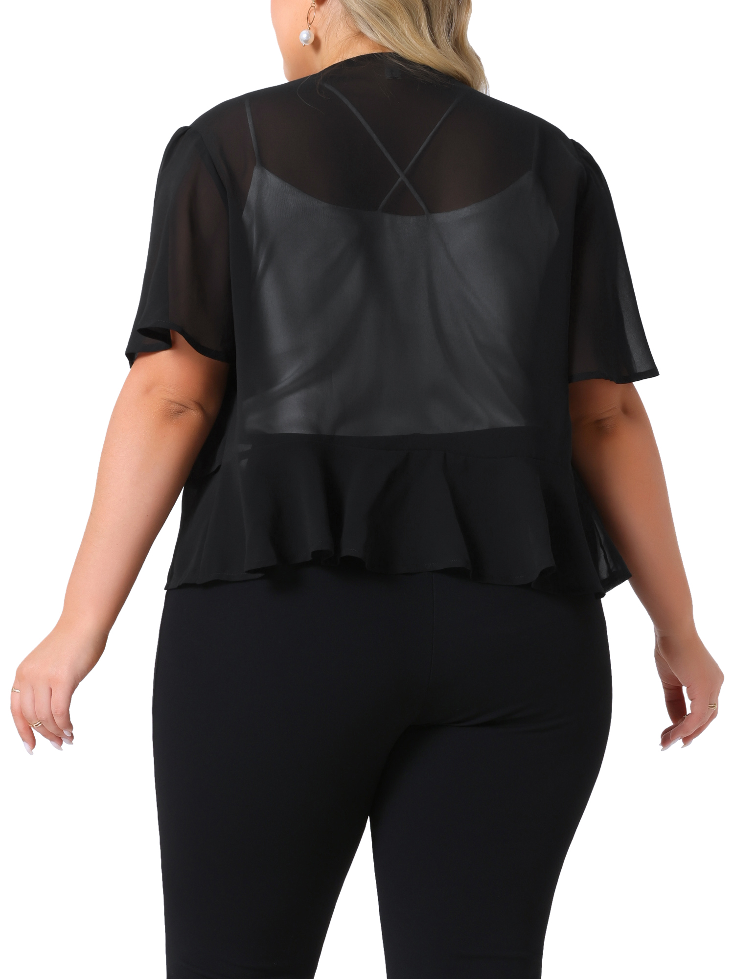 DARING DIVA Women's Plus Cropped Short Sleeve Open Front Sheer Shrug 1X Black