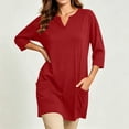 thumbnail image 5 of Women's Plus 3/4 Sleeve Flowy Tunic Tops Notch V Neck Loose Fit Soft Stretch Blouse Side Pockets to Wear with Leggings Fall Clothes, Red, XL, 5 of 8