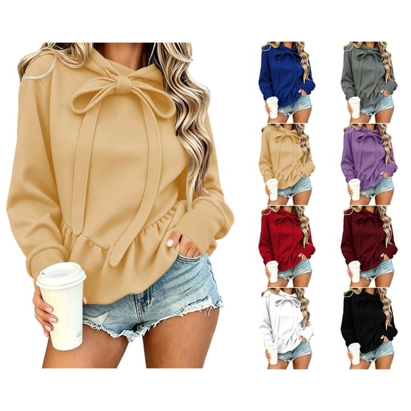 Nugftut Womens Hoodies Bow Tie Drawstring Hoodies with Ruched Hem Solid Color Long Sleeve Slim Fashion Sweatshirts