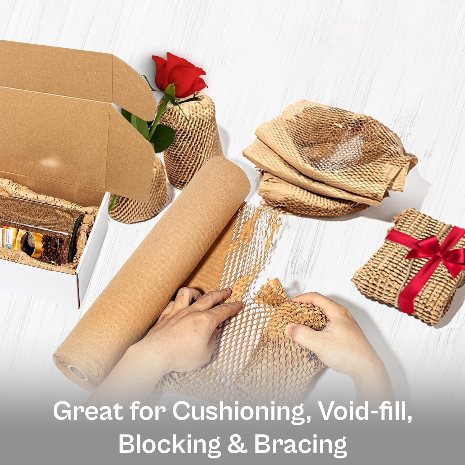 MMBM 2 Rolls Cushioning Wrap Paper, 20" x 1000' Eco Friendly Recyclable Kraft Die-Cut Wrapping Paper, Honeycomb Packing Paper for Moving