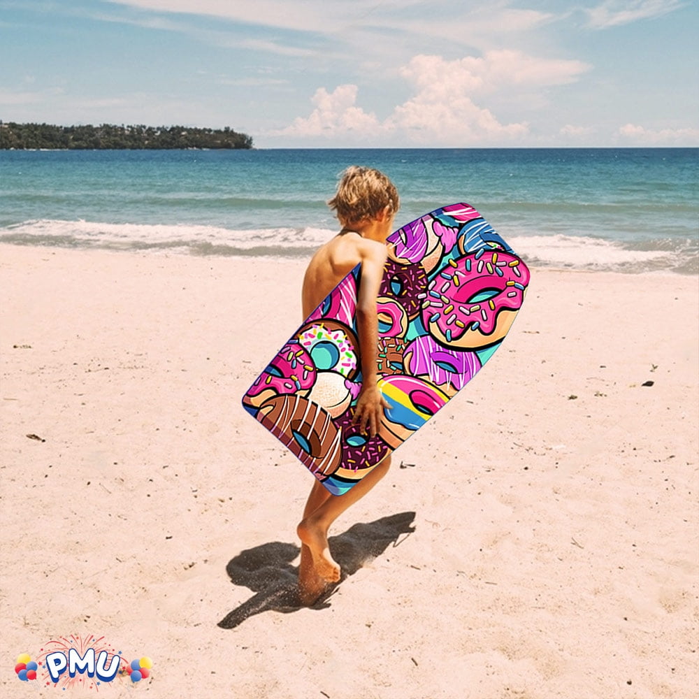 PMU 33 Inch Donut Printed Bodyboard - Lightweight Wrist Leash Slick Bottom Boogie Board for Beach, Sea & Pool - Surfing Board for Kids, Teens & Adults Wave Conditions Pkg/1
