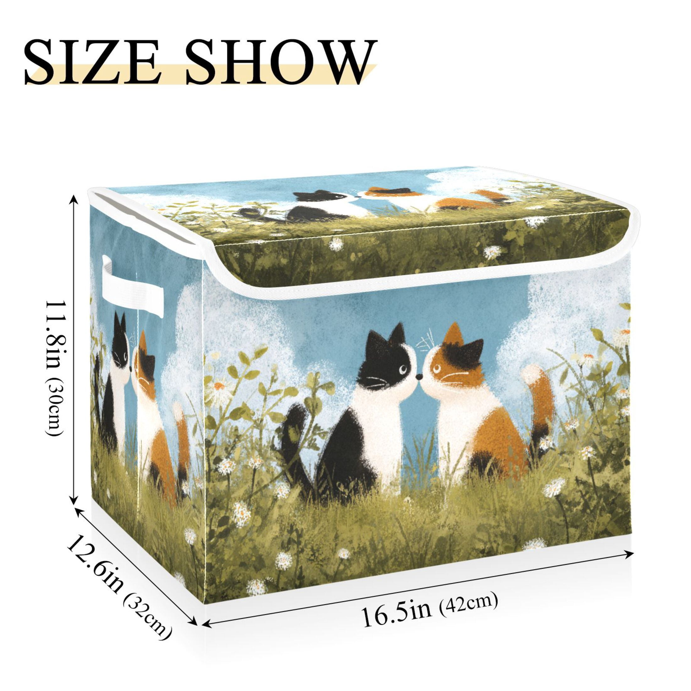 Valentine Cat Kiss Crayon Painting Foldable Storage Bins with Lids Handles Collapsible Storage Containers Tote Boxes 16.5 x 12.6 x 11.8 inches