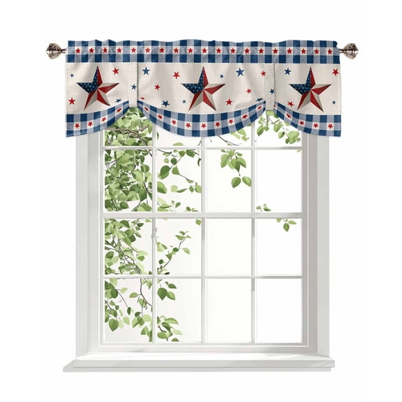 Tie Up Valance Curtain for Kitchen, USA Flag Star Independence Day Blue Check Rod Pocket Short Curtains Adjustable Tie-Up Shade Valances, Red Stars Retro Linen Window Treatment for Bedroom 54x18in