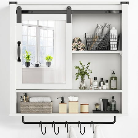 CozyHome 28in Bathroom Cabinet Wall Mount with Sliding Mirror Door, Over The Toilet Storage Cabinet, Farmhouse Medicine Cabinet with Shelves and Towel Bar for Living Room, 28" W x 29" H, White