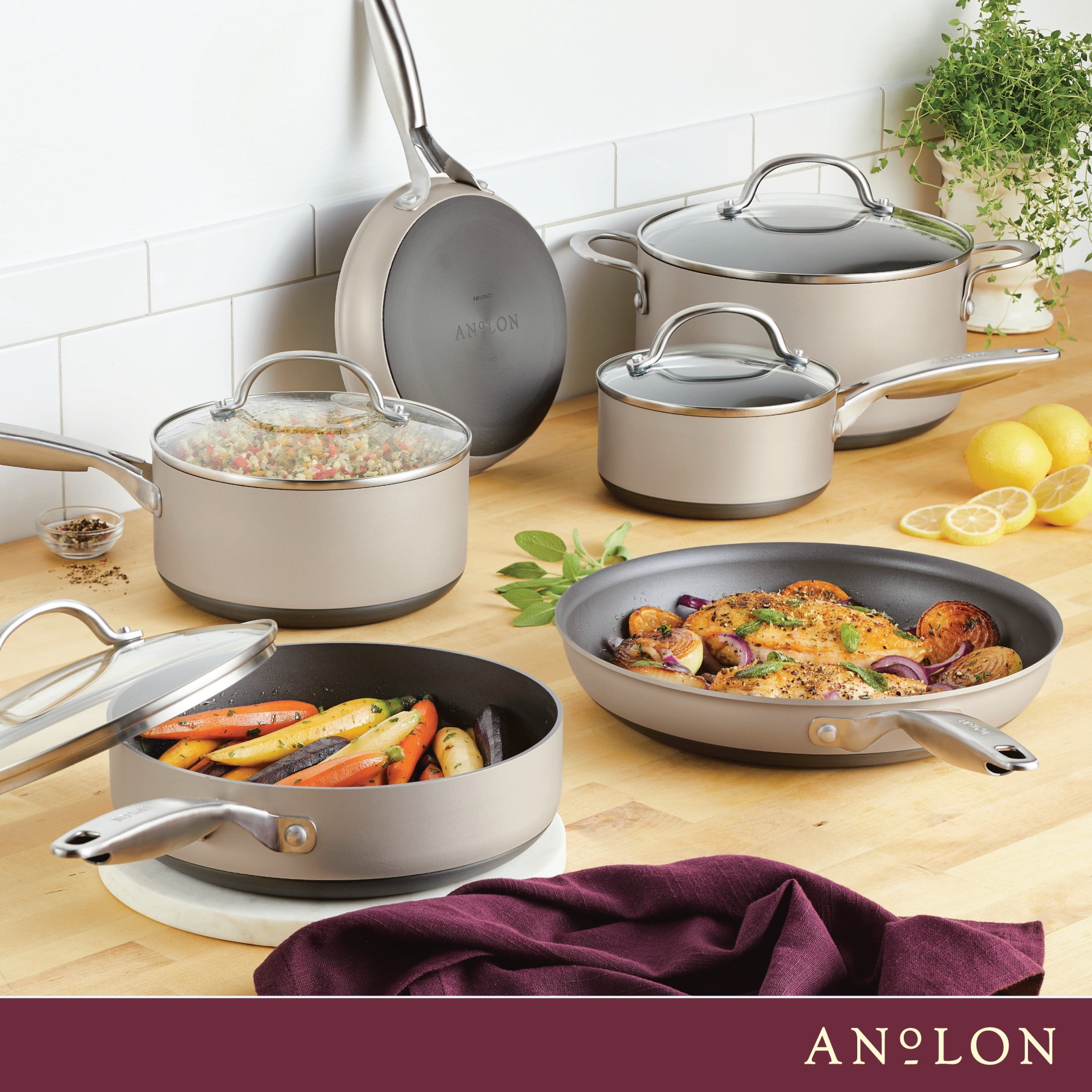 Anolon Achieve Hard Anodized 10 Piece Nonstick Cookware Pots and Pans Set, Silver