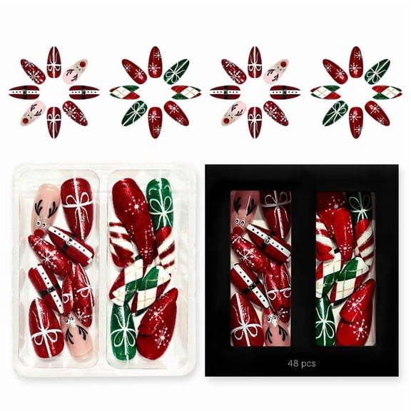 48Pcs Christmas Press on Nails Medium Almond Red Fake Nails Green False Nails Press ons with Bow Snowflake Elk Designs Glitter Acrylic Full Cover Red Green Stripe Stick on Nails for Women Girls