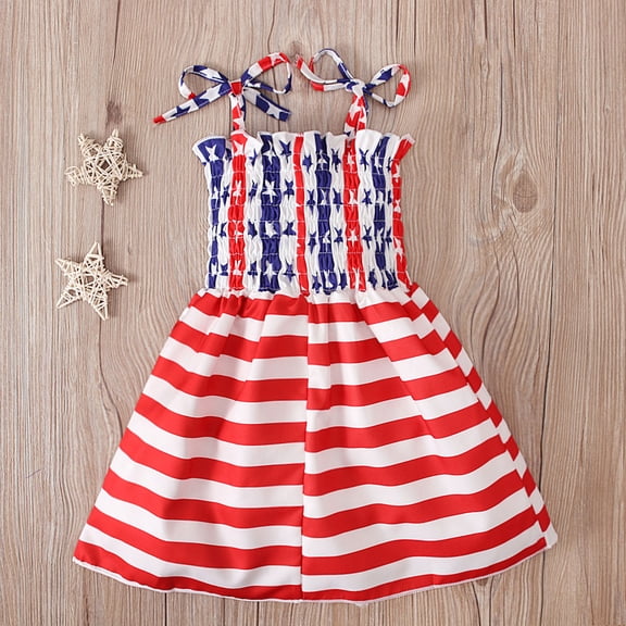 Mifsaly Toddler Girls 4Th of July Dress Sleeveless Tie Shoulder Cami Dresses Patriotic Graphic Independence Day Summer Casual Sundresses