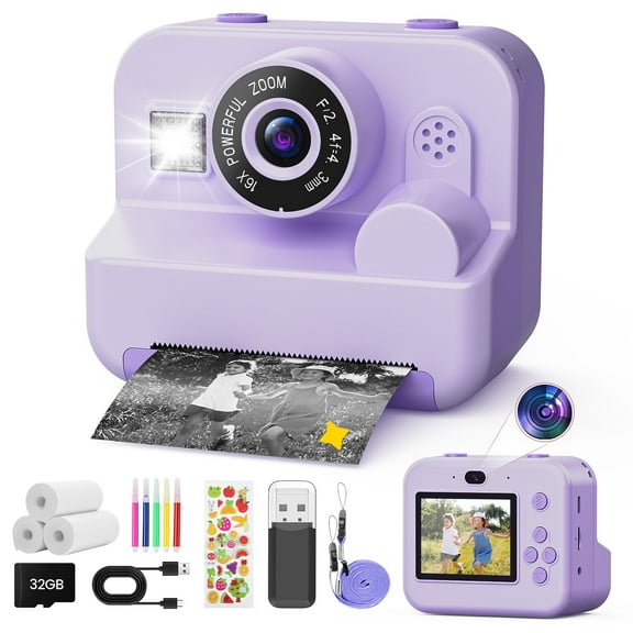 JoyStone Kids Instant Print Camera with 32G TF Card and Printing Paper, Purple, Gift for Girls and Boys Ages 3-12