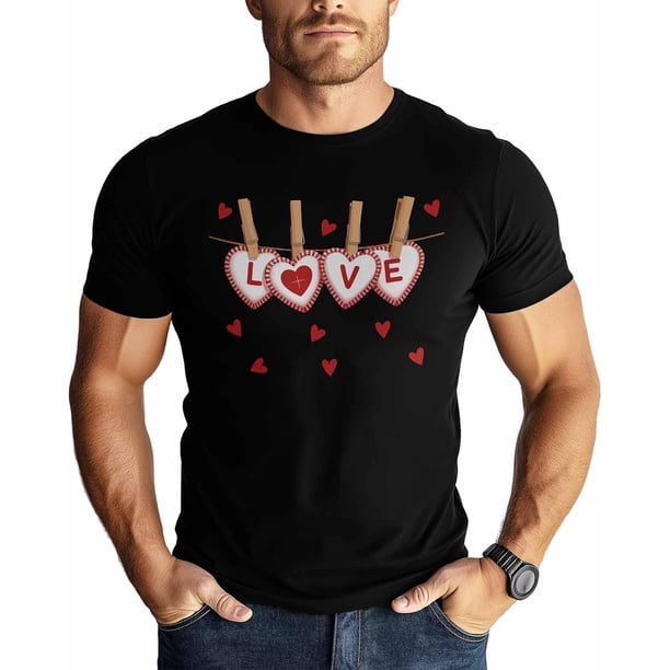 T-Shirts for Men, Romantic Red Love Heart Crew Neck Cotton T-Shirt Men's Short Sleeve Valentine's Day Hearts Clips