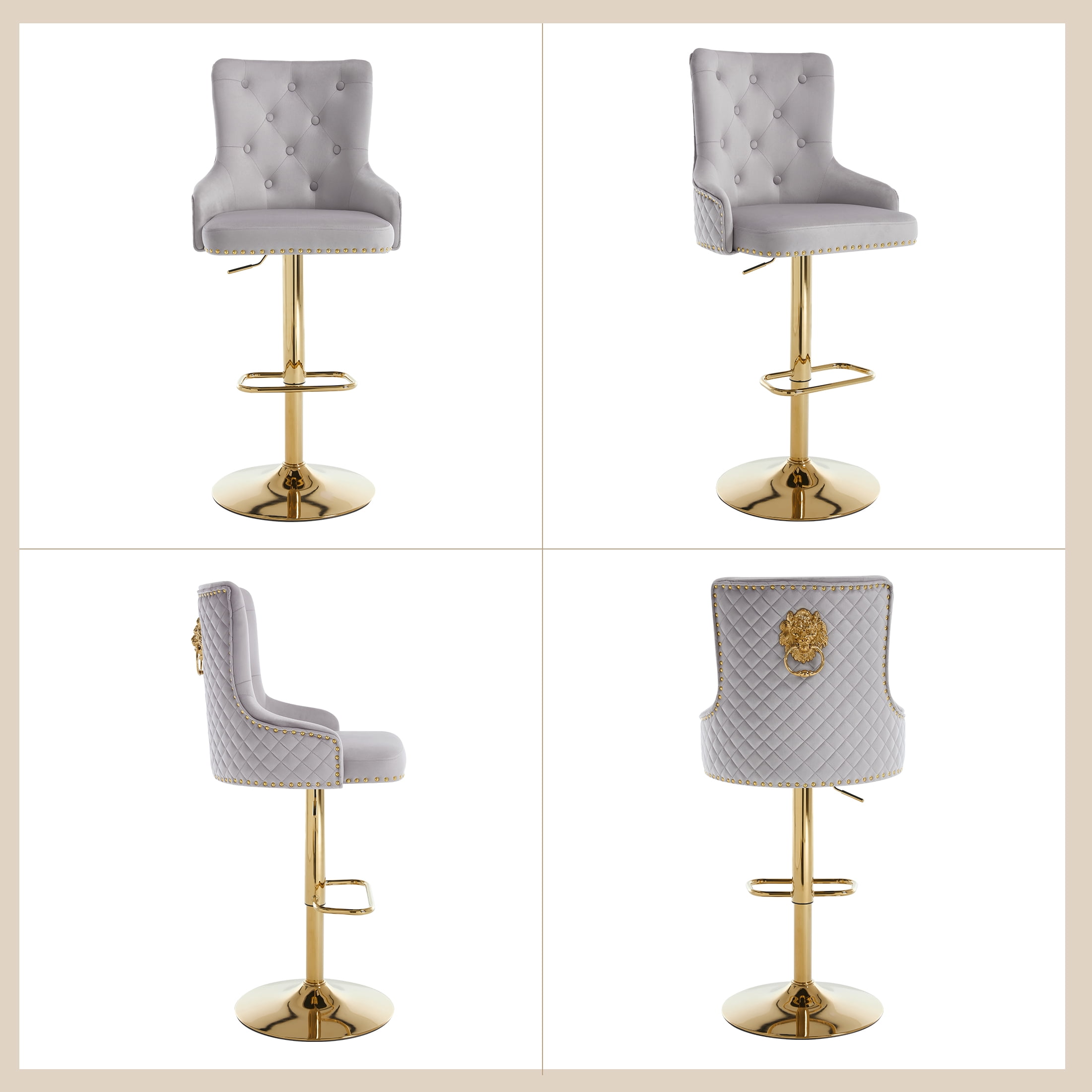 Velvet Gold Bar Stools Set of 2 Modern Counter Height Bar Stools with Lion Pull Ring Tufted High Back, Nailhead Upholstered Barstools for Home Kitchen Island, Swivel Adjustable Stool Chair in Grey