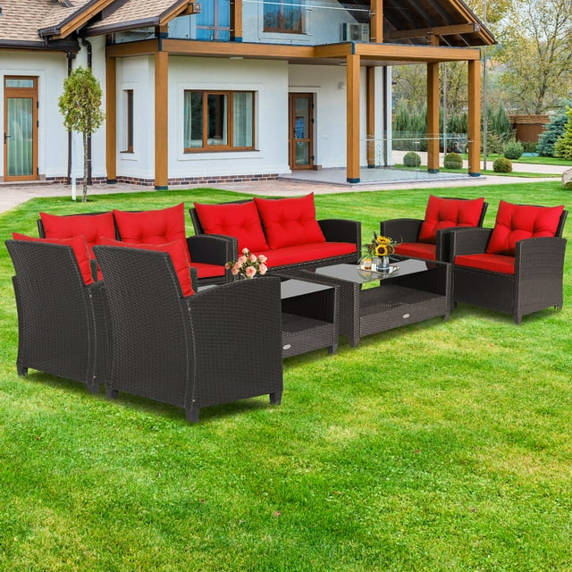 Costway Ensemble de Mobilier de Patio en Rotin 8 Pcs Table en Verre Étagère Canapé Coussin Rouge