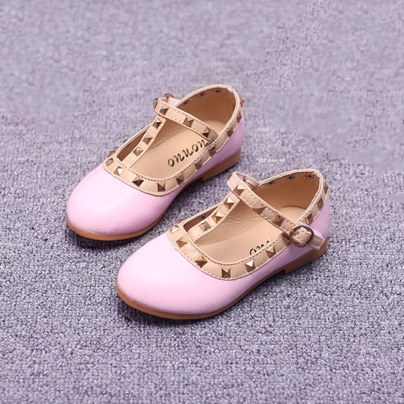 BXJX Girls Dress Shoes Size 1 Big Kids, Slip-Resistant Adjustable Strap Flat Heel Summer Kids Princess Shoes Pink