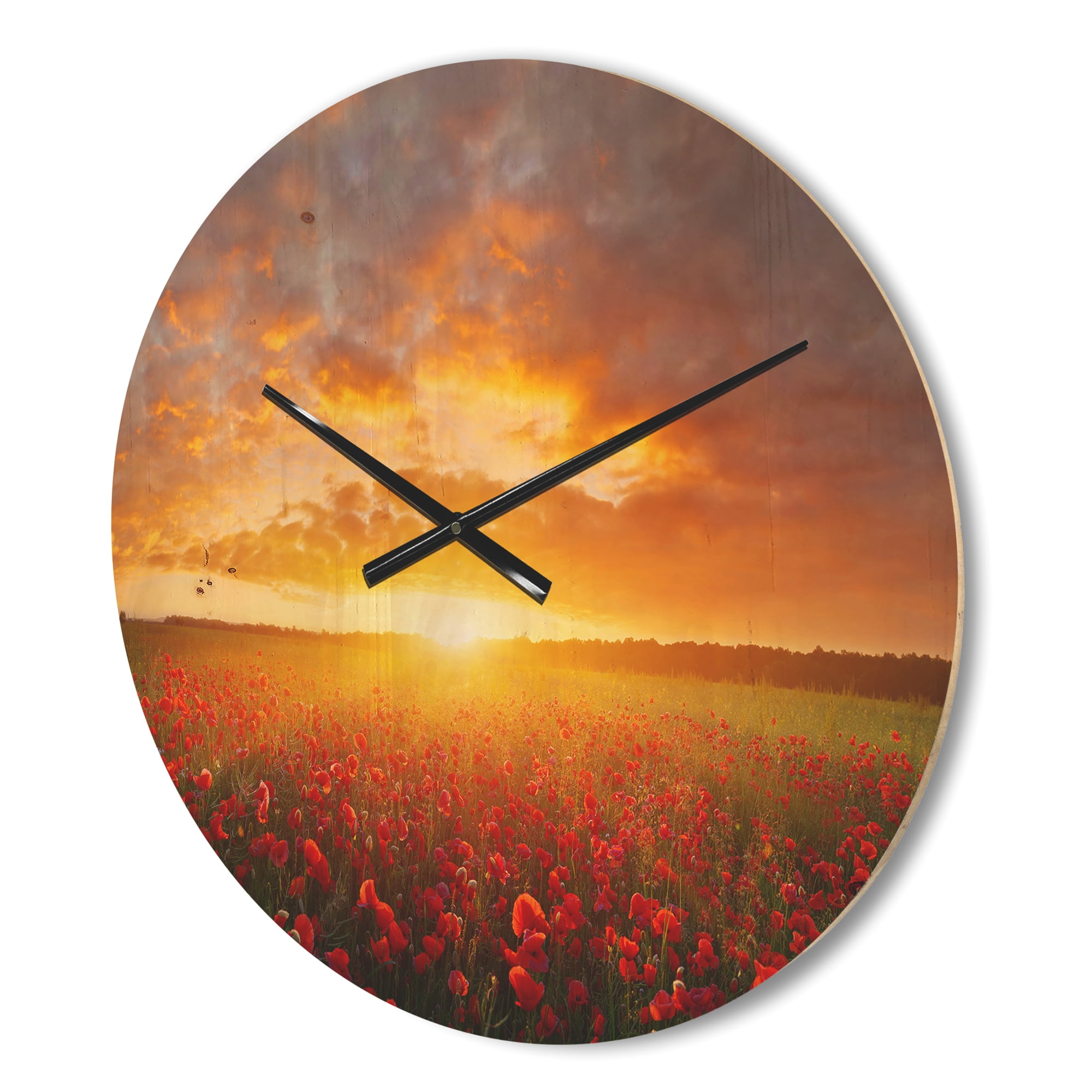 Designart 'Poppy Field under Bright Sunset Glow' Modern Wood Wall Clock