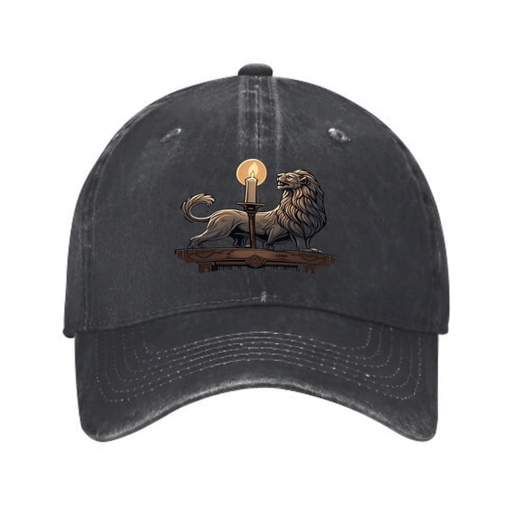 Vintage Cotton Washed Distressed Baseball Cap - Dark Gray with Lion Illustration Holding Candle - Soft Fabric Golf Dad Hat for Men & Women