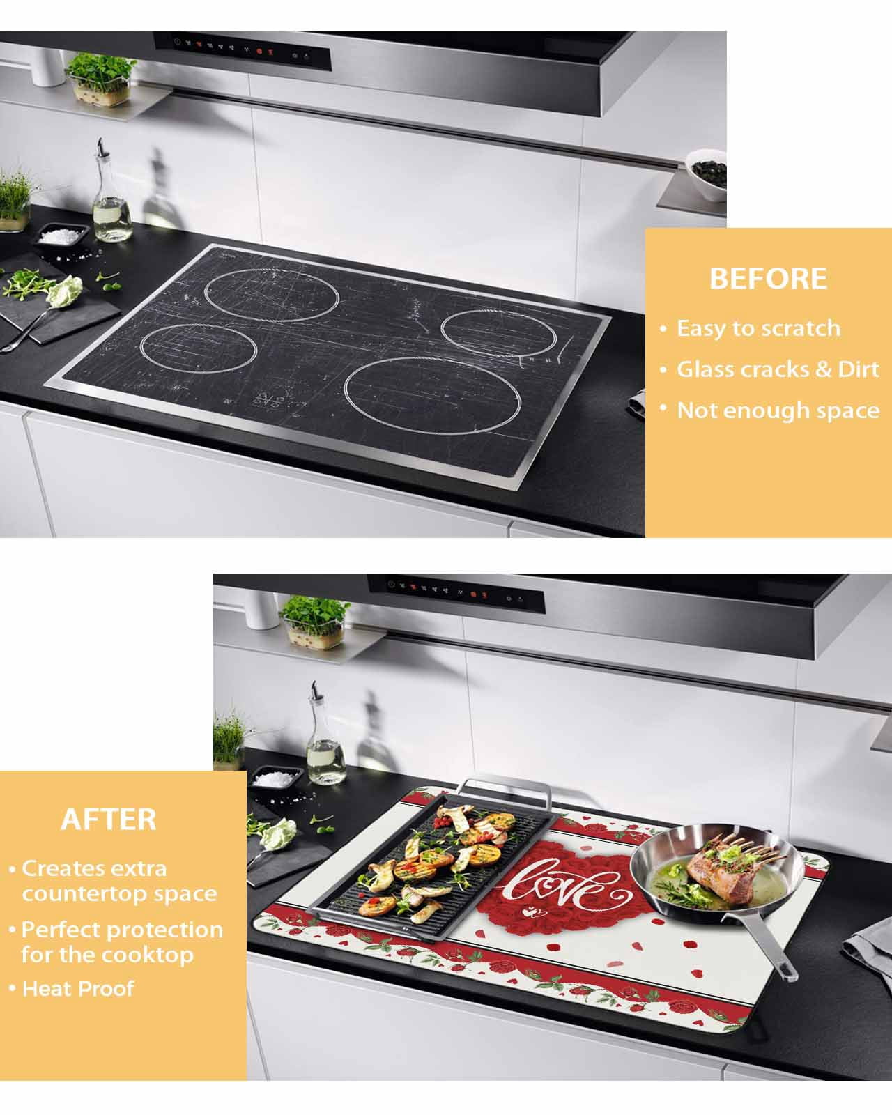 Large Induction Cooktop Protector Mat Red Valentine's Day Stove Top Covers for Electric Stove, Love Heart Roses Romantic Decorative Stove Burner Cover Mats, Glass Top Stove Cover