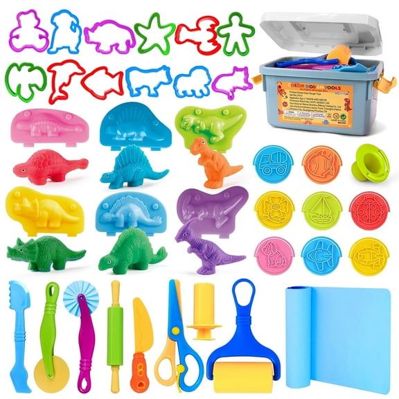 Play Dough Tools Sets for Kids Ages 3-4, 37pcs PlayDough Accessories with Storage Box, Mat, Rolling Pins, Safety Scissors, Mini Knife, Stamp, Animal & 3D Dino Makers, Kids Arts and Crafts For Christm