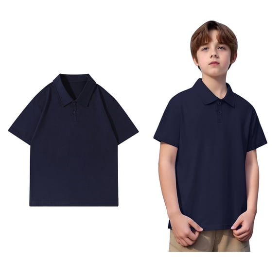 Polo Shirt for Boys Short Sleeves Kids Dark Blue Button down Shirt Collared Shirt Uniform Shirts for Boys 8-9 Years Boys Shirts