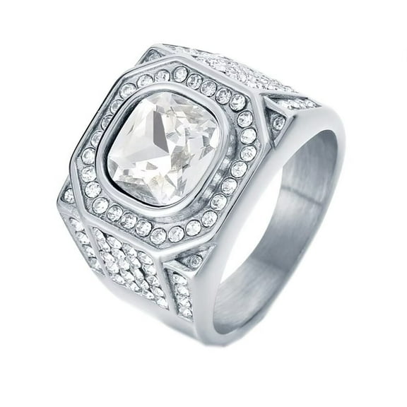 HIJONES Men's Stainless Steel Rock Iced Out Zirconia Glass Gemstone Wedding Ring Titanium Micro Pave CZ Biker Charm Finger Jewelry Silver White Stone Size 8