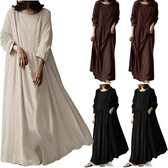 safuny Women's Cotton Linen Maxi Dress Pocket Solid Retro Elegant Leisure Relaxed Holiday Long Sleeve Fashion Spring Autumn Dress Boat Neck Beige S