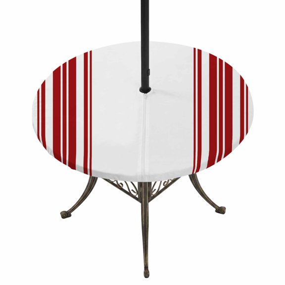 Round Outdoor Tablecloth with Umbrella Hole and Zipper, Red Striped Fitted Table Cover with Elastic Edge for 31-35 Inch, Farmhouse Simple Line Vertical Stripes Waterproof Patio Tablecoths for Picnic