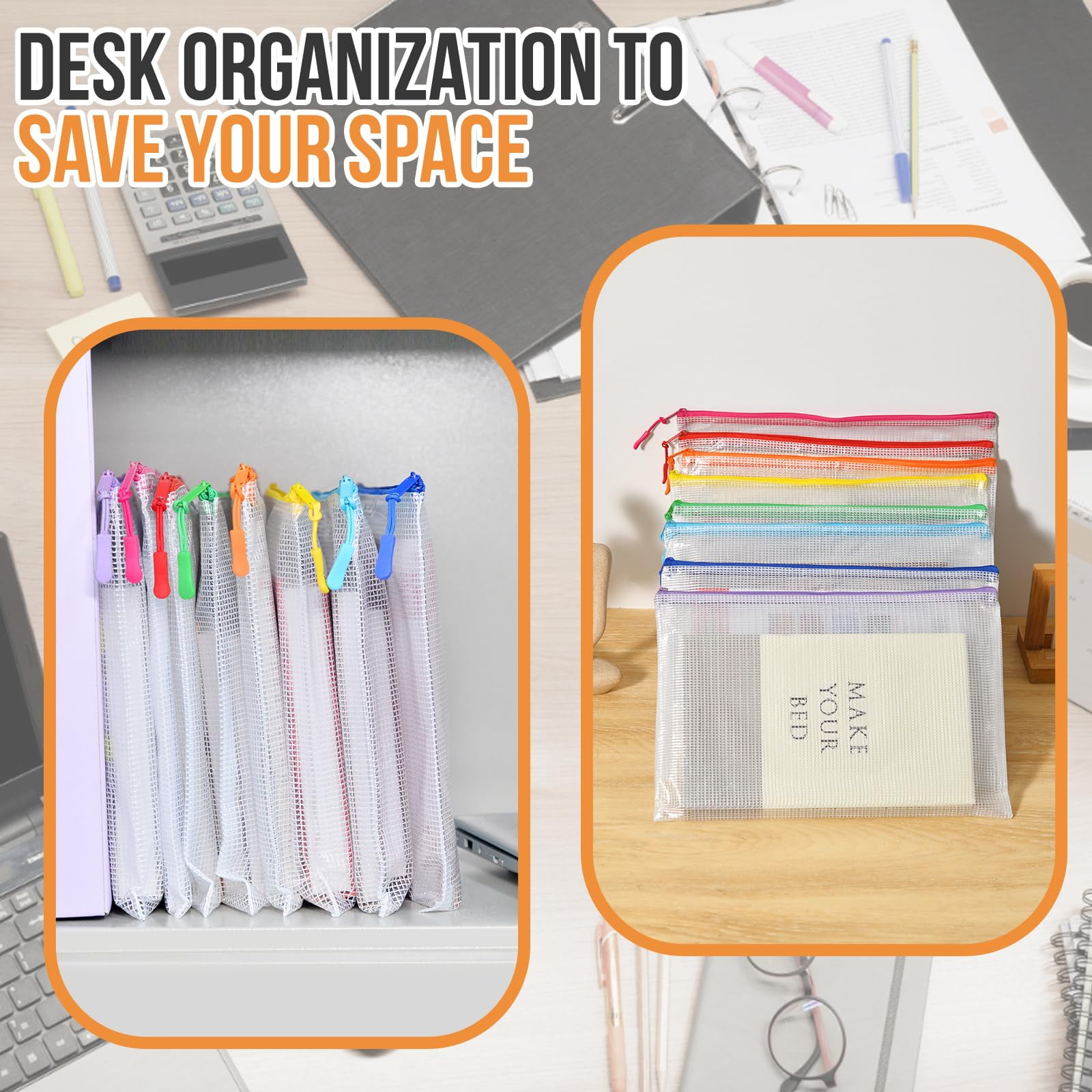 24Pack Mesh Zipper Pouch Bags, A4 Letter Size, Zipper Bags with Label Pocket, Waterproof Pouches for Classroom Organizer, Board Game Toy Storage, Document Bag for Teacher School Office Supplies