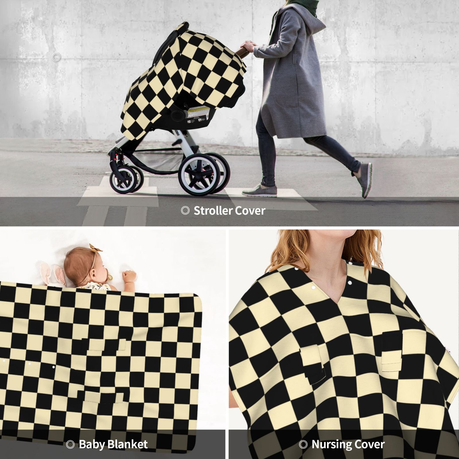Car Seat Cover Baby - khaki black checkered Breathable Infant Car Seat Cover for Baby Carseat, Lightweight Comfort Baby Essentials Must Haves Newborn Stuff for Girl Boy
