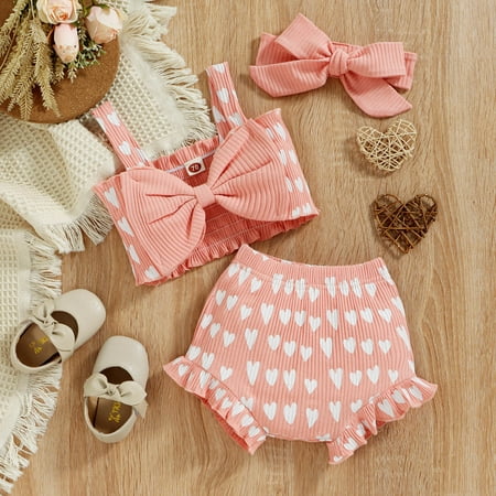 

Hunpta Toddler Kids Girls Clothes Casual Beach Floral Love Print Sleeveless Strap Suspenders Top Shorts Bowknot 3PCS Outfits Set