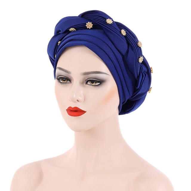 Fashion Women Beading Braid Hat Muslim Ruffle Cancer Wrap Cap Sleep Caps Satin Lined Hair Bonnets