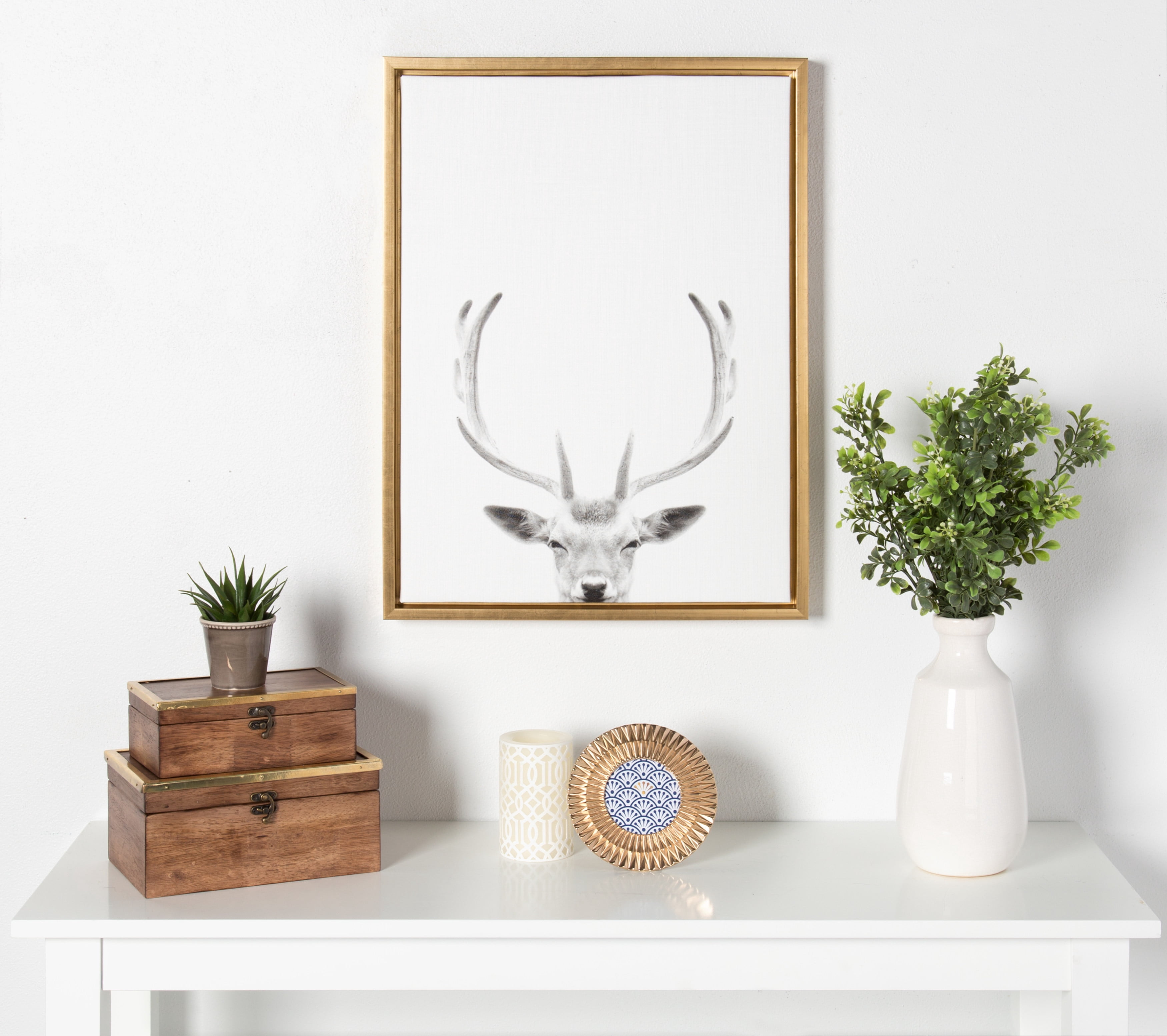 Kate and Laurel Sylvie Deer with Antlers Black and White Portrait Framed Canvas Wall Art by Simon Te Tai, 18x24 Gold