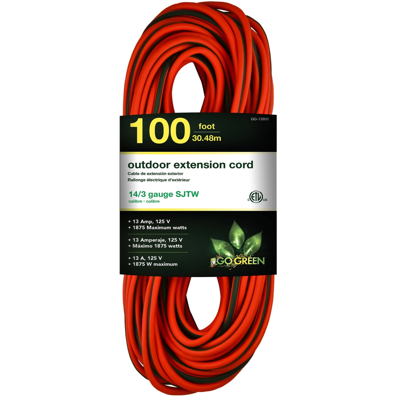 GoGreen Power 14 3 100' GG-13800 Heavy Duty Extension Cord, Lighted End by GoGreen Power
