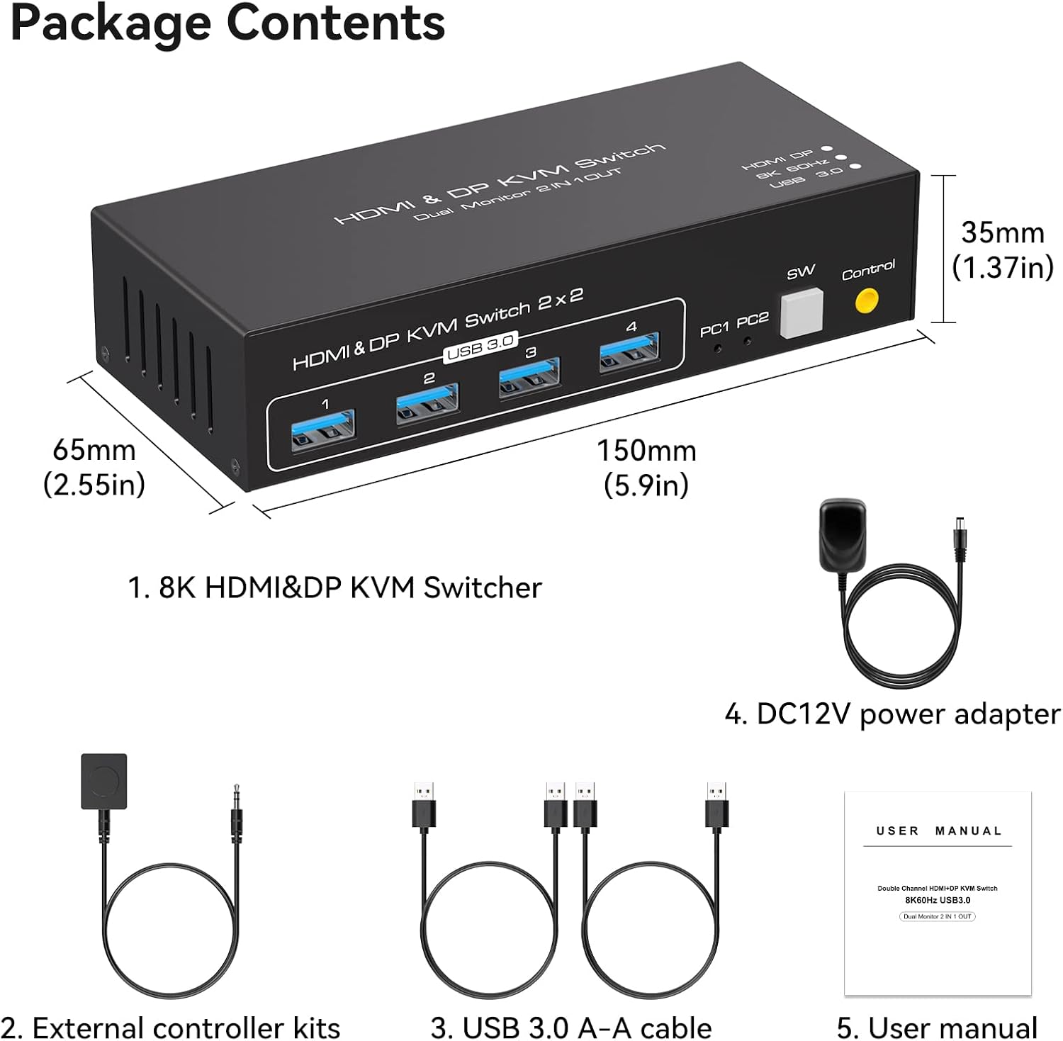 8K@60Hz HDMI+Displayport KVM Switch 2 Monitors 2 Computers USB 3.0 KVM Switcher Dual Monitor 2 Port for 2 PC Share Multi Monitor and 4 USB Devices with Wired Controller DC Adapter