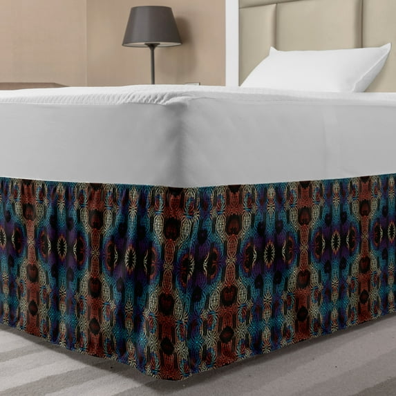 Abstract Bed Skirt, Ethnic Tribal Inspired Color Transitions in Dark Tones Spooky Surreal Pattern, Elastic Bedskirt Dust Ruffle Wrap Around for Bedding Decor, 4 Sizes, Multicolor, by Ambesonne