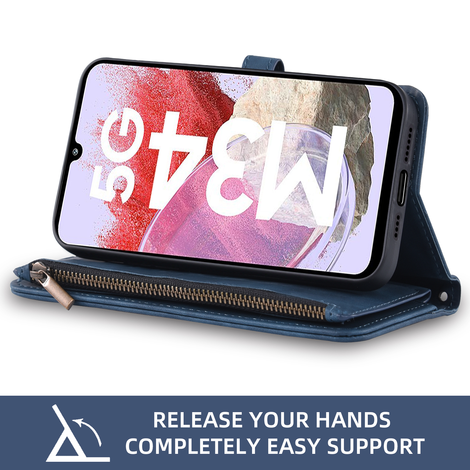 Asuwish Phone Case for Samsung Galaxy A25 5G/A24 4G/M34 /F34 Wallet Cover With Tempered Glass Screen Protector Crossbody Wrist Strap Flip Pattern Zipper Credit Card Holder Cell A 25 25A 24A LTE Blue