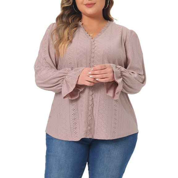 Agnes Orinda Plus Size Tops for Women V Neck Ruffle Long Sleeve Eyelet Lace Crochet Casual Hollow Blouses Tees 1X Pink