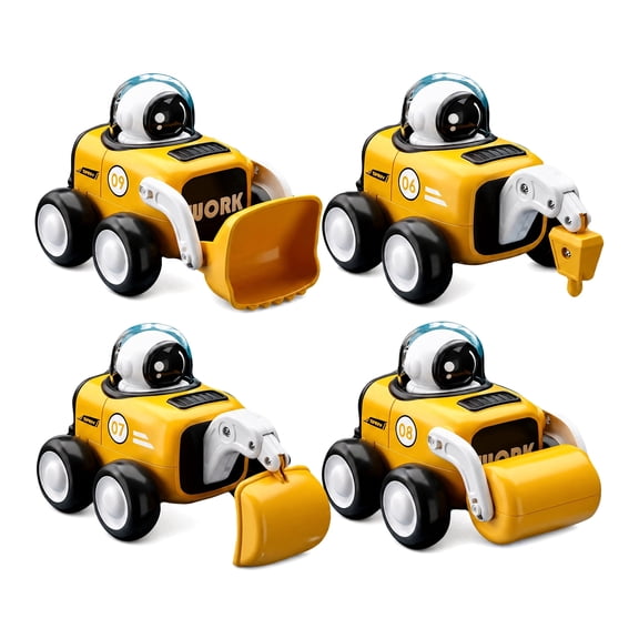 KENCOCO 4-Pack Space Construction Truck Toys for Toddlers 18M , Press and Go Excavator, Bulldozer, Crane and Road Roller with Astronaut Drivers
