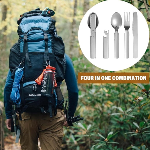 Linnome 4 in 1 Portable Stainless Steel Cutlery Set Fork Spoon Knife and Bottle Opener for Picnic Travel with Cloth Cover