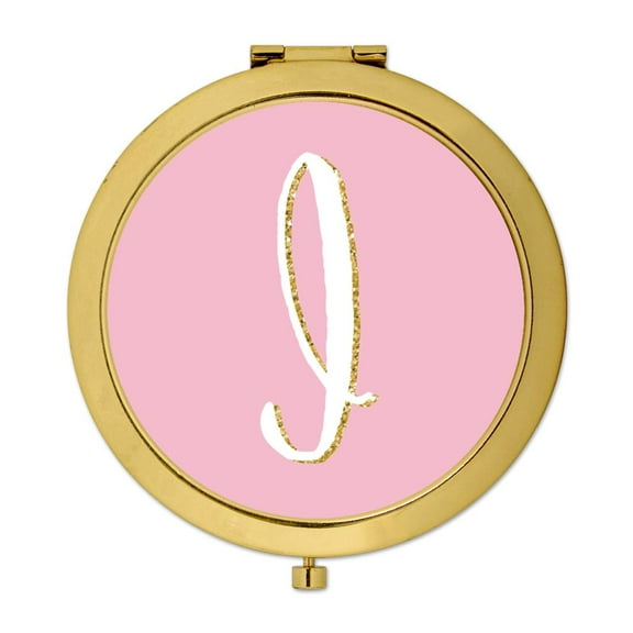 Koyal Wholesale Gold Compact Mirror Bridesmaid's Wedding Gift, Blush Pink Faux Gold Glitter, Monogram Letter I, 1-Pack