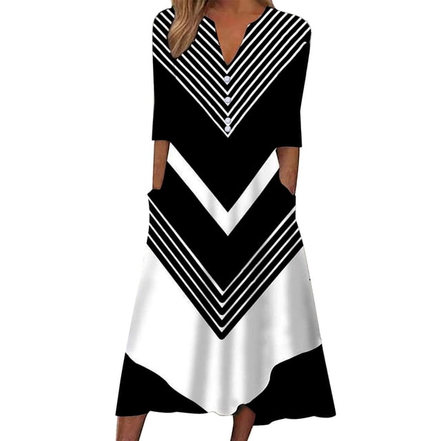 Gibobby Vestido casual de punto para mujer Womens Casal Plus Size Summer Boho Chiffon Print Midi Skater Dress With Ruffle Sleeve NEM297(Negro,G)