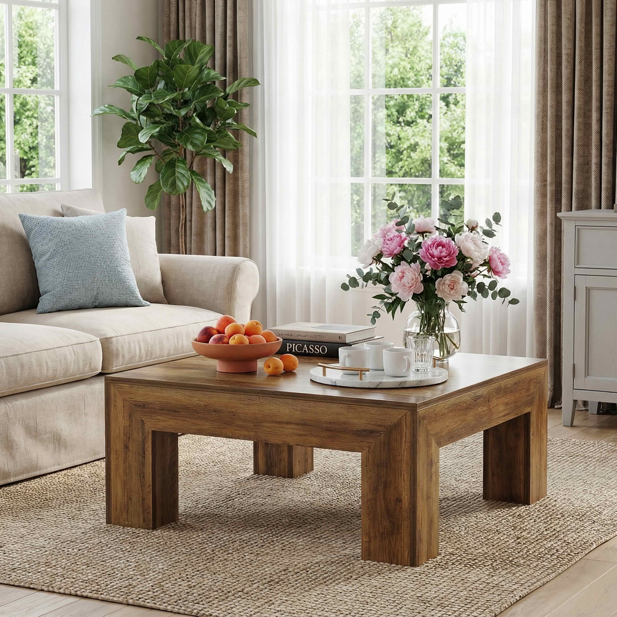 MAYEETY 39 Inch Farmhouse Square Wooden Coffee Table Living Room Center Table
