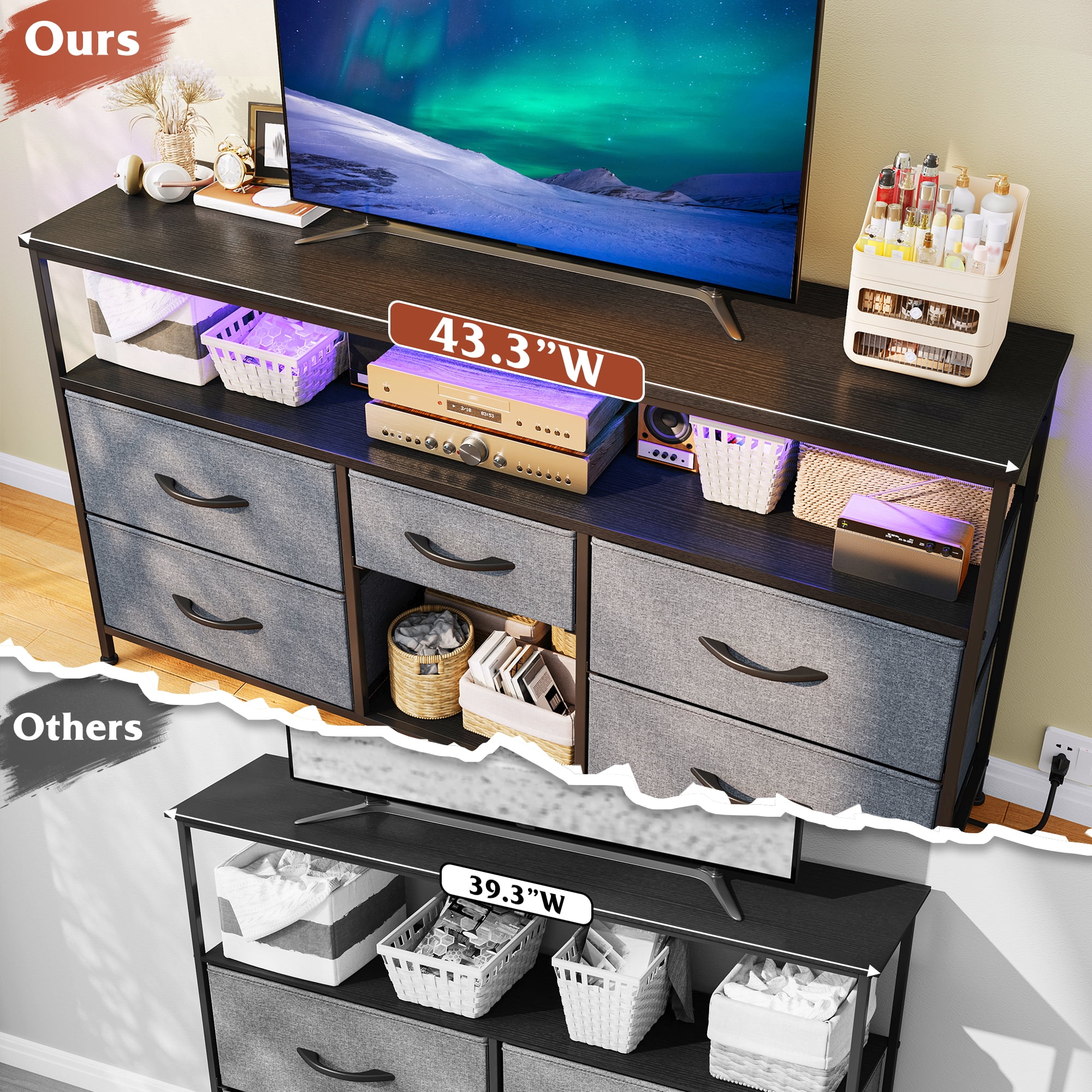 EnHomee Wide Dresser with 5 Drawers TV Stand for 50"Inch TV,Dressers for Bedroom with LED Lights & Power Outlets,Gray