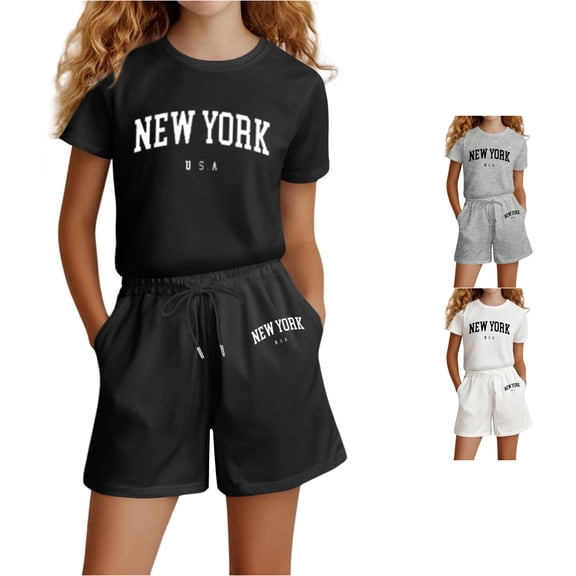 XAOFW Girls Outfits Letter Printed Short Sleeve Top Shorts Toddler Kids Summer Fall Fashion Clothes Sets 4 Years