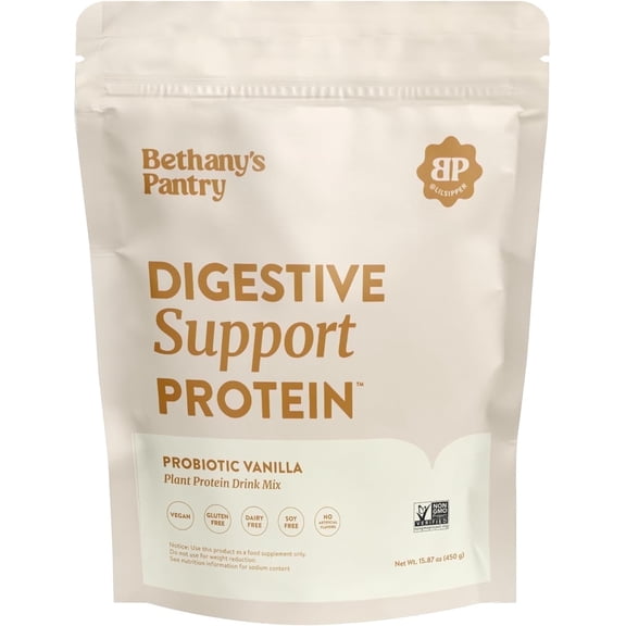 Bethany's Pantry Digestive Support Protein, Vegan Pea Protein Powder with Probiotics for Digestive Health, Vanilla, Gluten-Free, Dairy-Free, 1 lb, 20 Servings