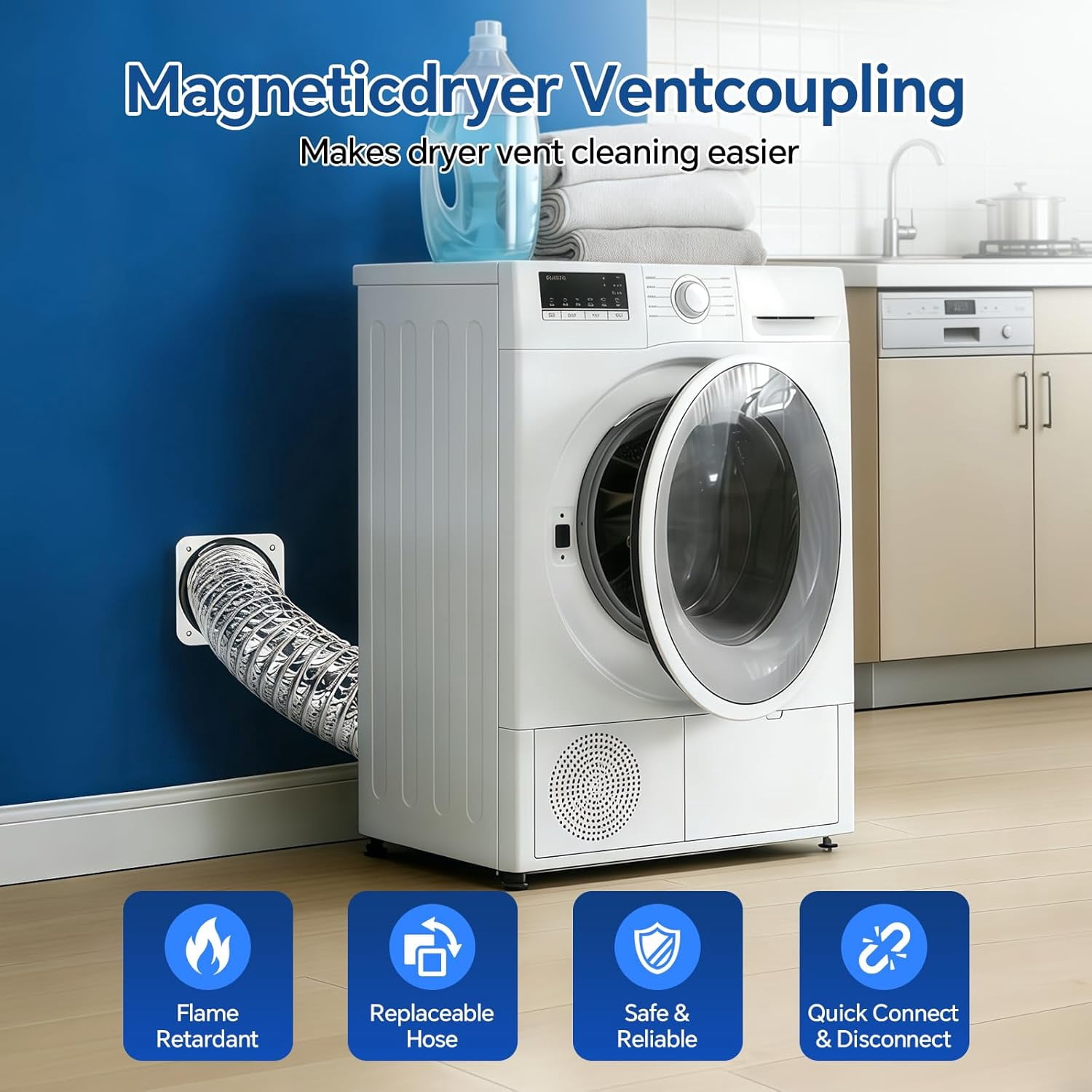 Magnetic Dryer Vent Coupler DV180 Sealed Dryer Vent Connector Kit Easy Clean Quick Connector Includes 2.6 ft 4 in Tubing and Two Stainless Steel Clamps